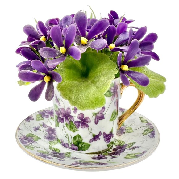 Vtg Inarco E-563 Porcelain Violet Floral Cup Saucer Figurine Flowers Gold Accent - Picture 1 of 10
